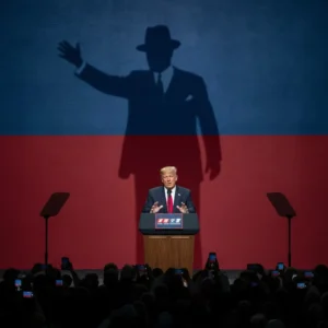 A visual metaphor showing a modern politician casting the shadow of historic populist Huey Long, connecting their legacies.