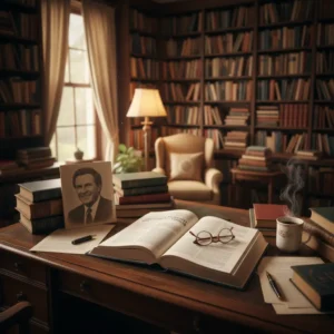 Author Thomas Patterson's desk featuring his Huey Long biography, "American Populist," highlighting his historical research