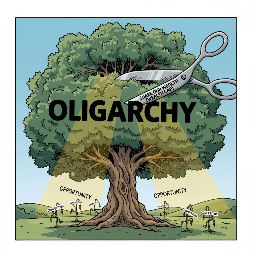 A conceptual diagram showing how Huey Long's 'Share Our Wealth' plan acts like shears, trimming 'Oligarchy' to allow 'Opportunity' and 'Competition' to grow.
