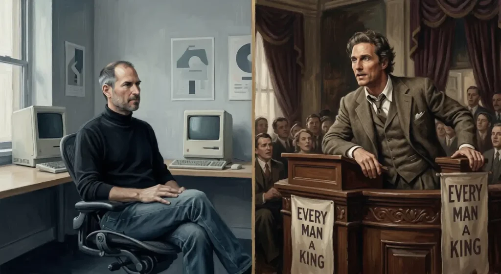 Comparative portrait of Steve Jobs and Huey Long representing business and political genius.